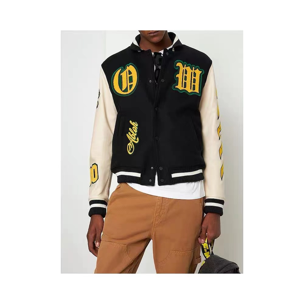 OW22FW multi-icon badge wool woolen stitching jacket thickened cotton baseball uniform jacket