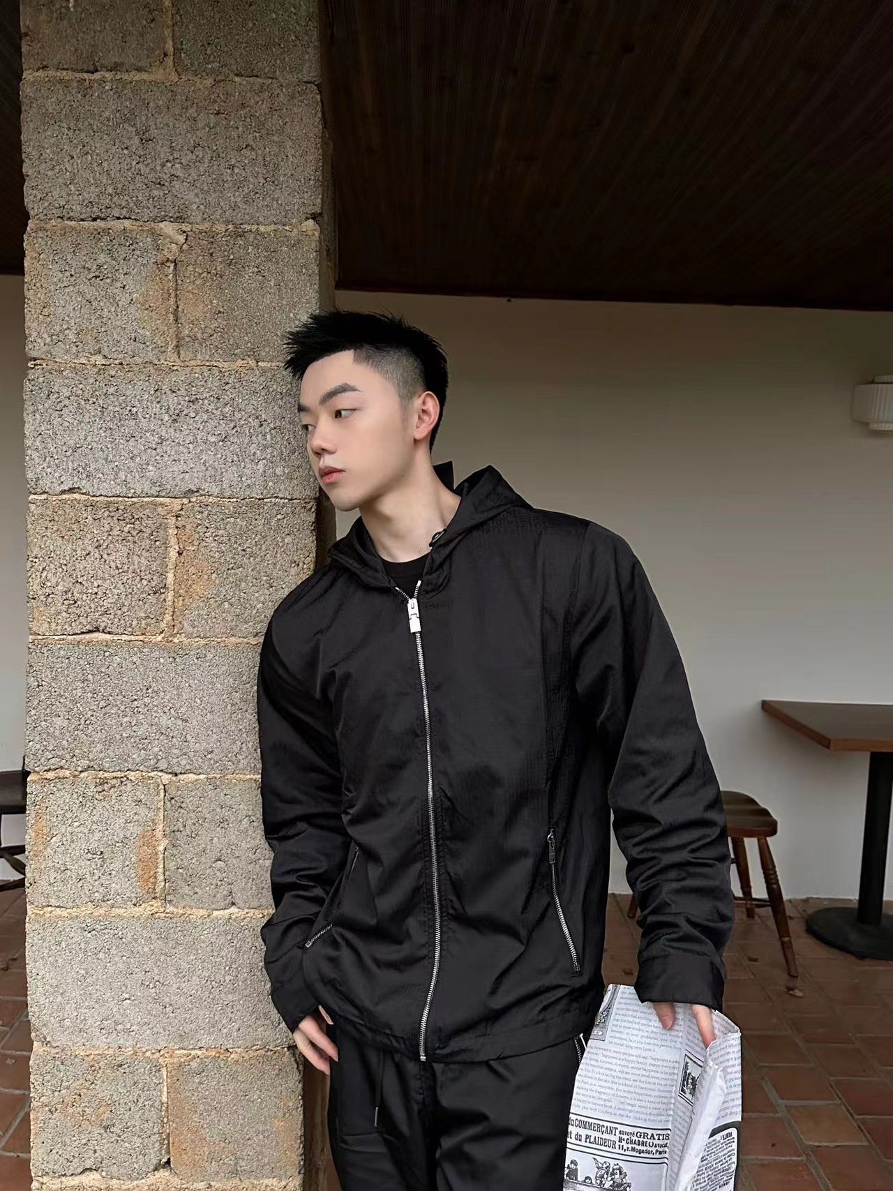 GVC 22FW all over printed jacquard dark pattern Oxford zipper hooded jacket