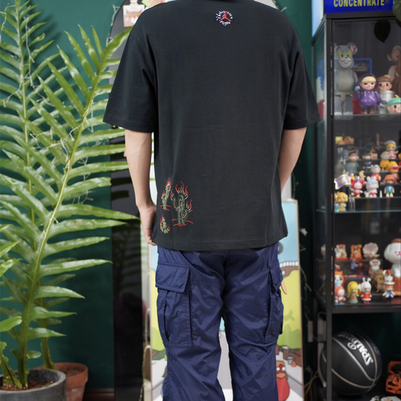 Travis Scott Flame printing water drill round collar and short sleeves